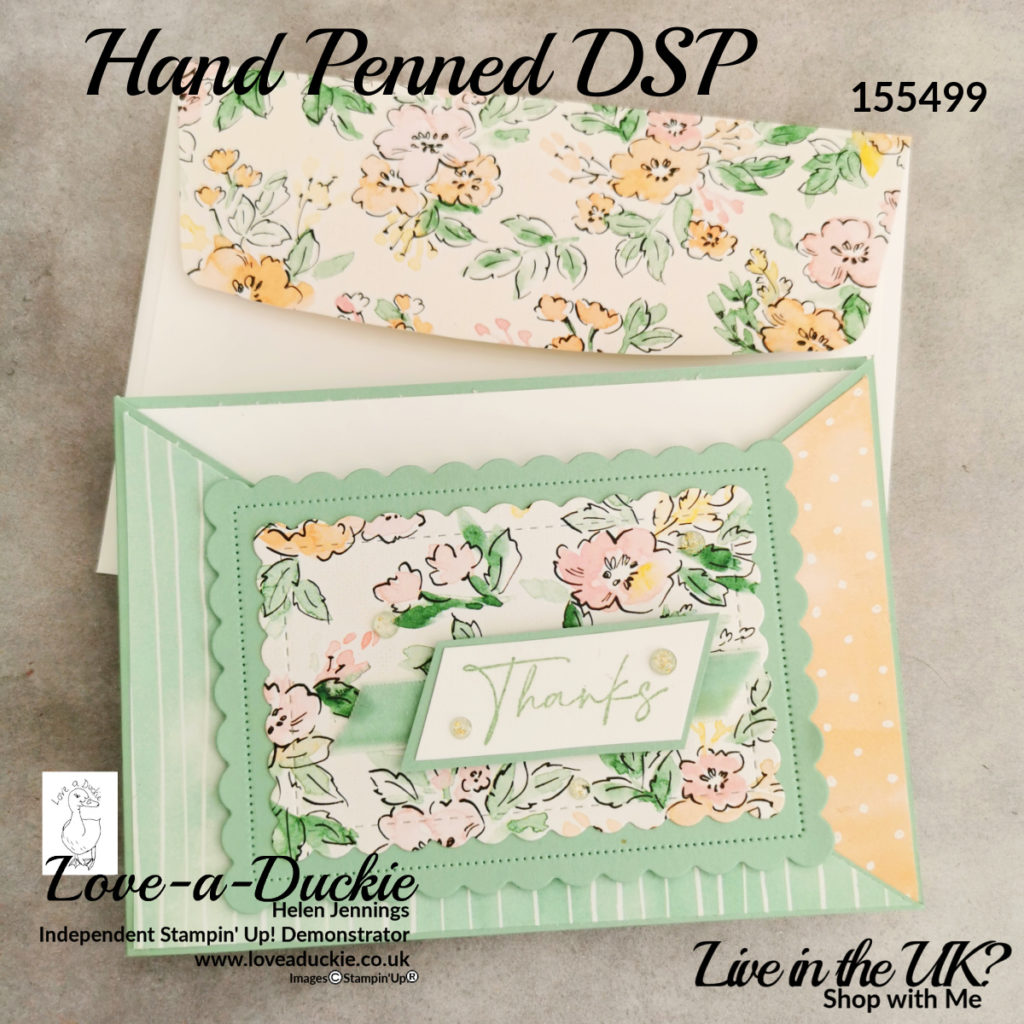 It is always a nice touch to decorate your envelopes and this has been decorated with hand penned Designer Series paper to match the card.