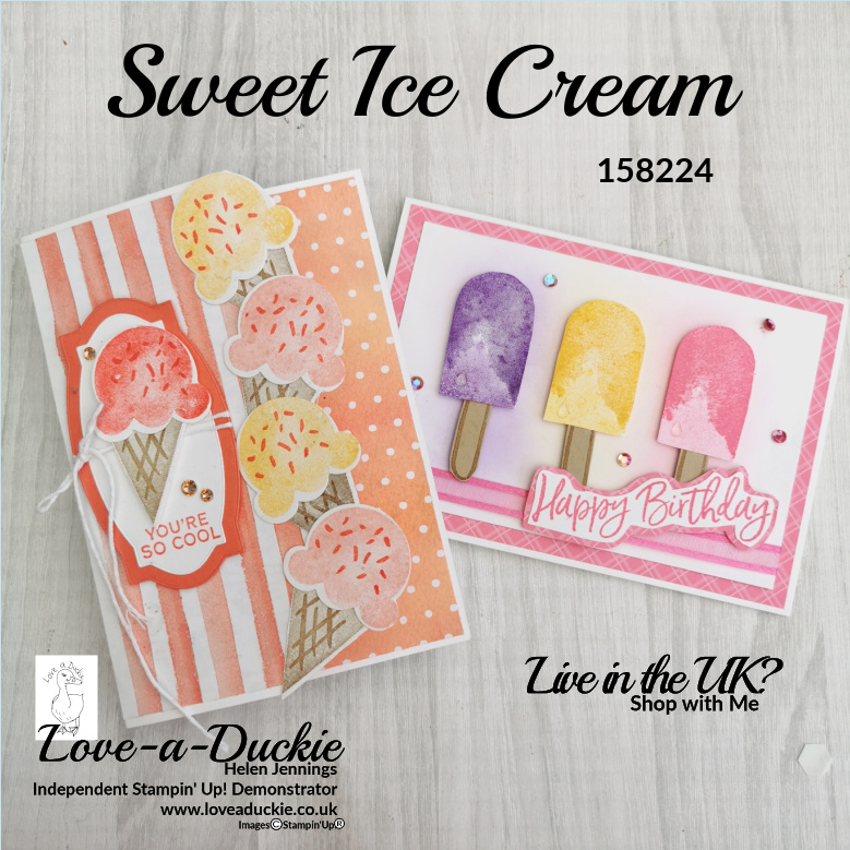 Two bright, summery cards using the Sweet Ice Cream stamp set from Stampin' Up and patterned papers.