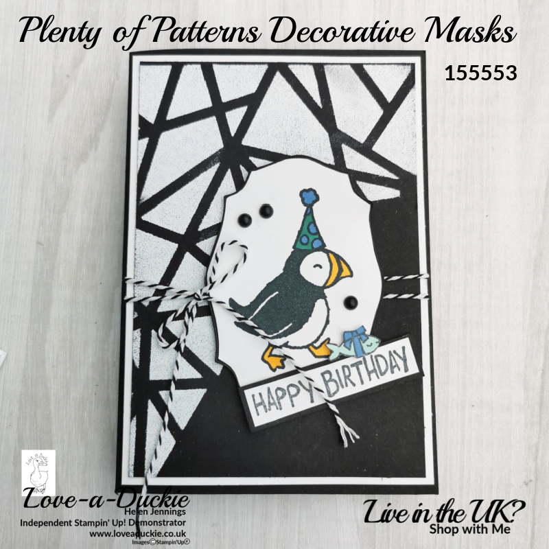 This card features a heat embossed pattern created with the Plenty of Patterns decorative mask. The card also features a character from the Party Puffin stamp set from Stampin' up.