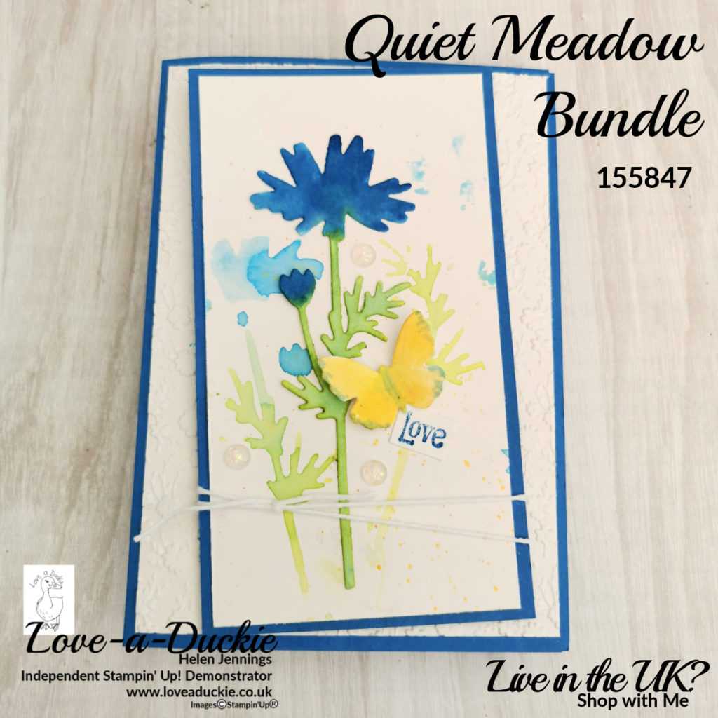 A love card using the Quiet Meadow bundle from Stampin' Up and watercolor paper. the die cut has been painted with ink.