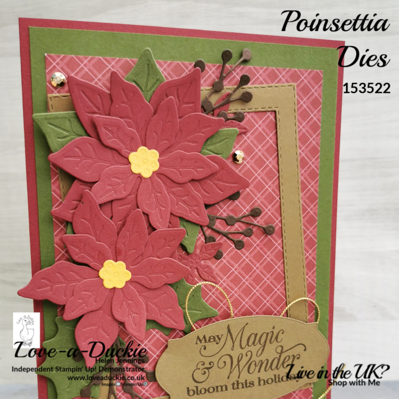 The poinsettia die cuts are layered up to form this arrangement around a frame, using Stampin' Up products.