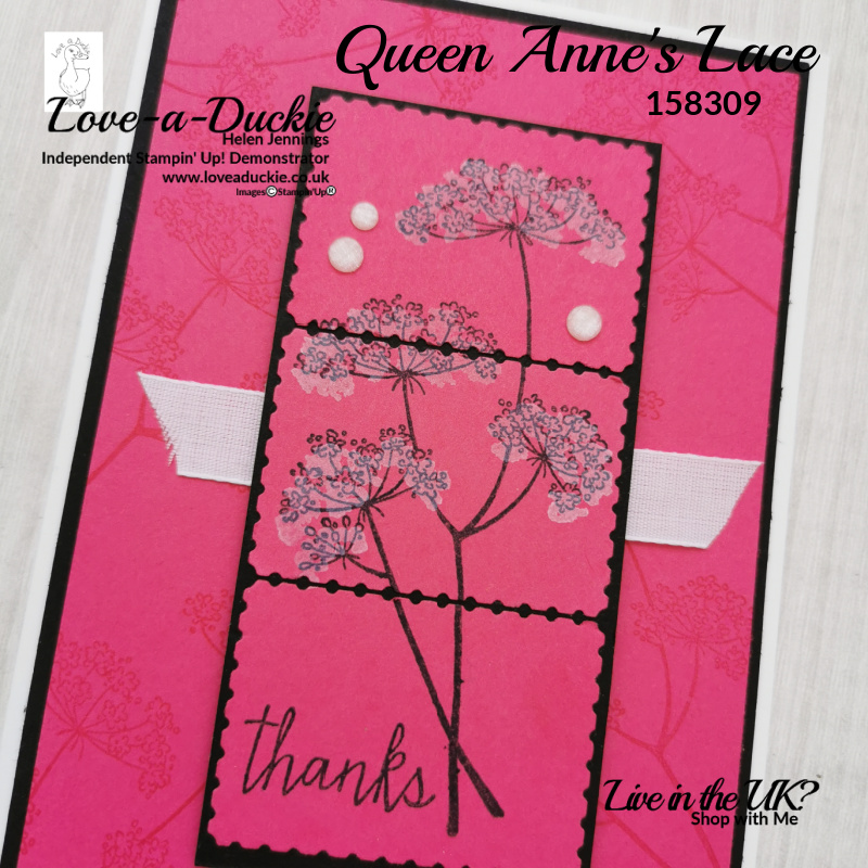 Two step stamping on this floral thank you card using White craft ink and Stampin' Up's Queen Anne lace stamp set.