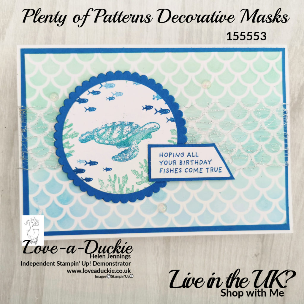 This ombre effect background on the turtle card is created with Stampin' Up masks and blending brushes. 