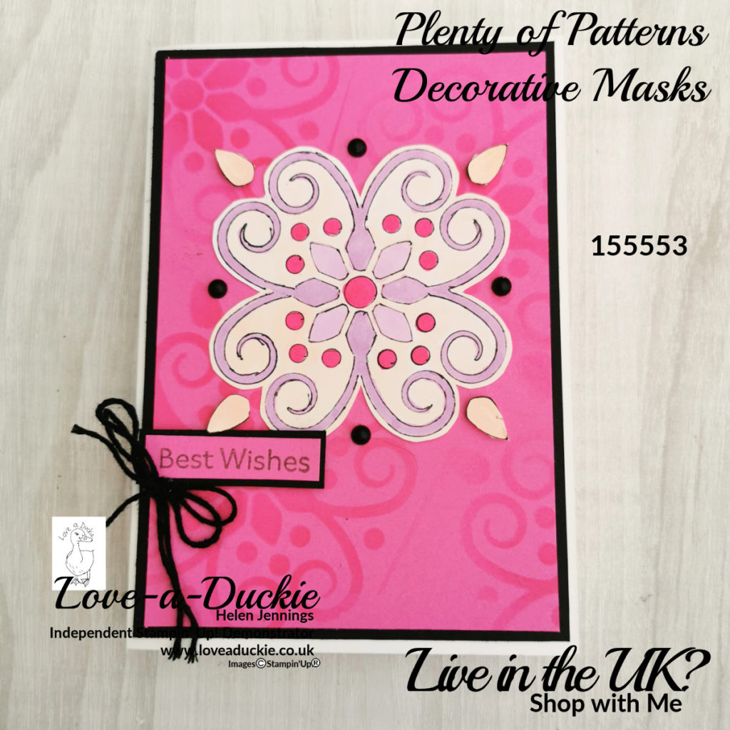 I have used the Plenty of Patterns masks from Stampin' Up and blending brushes to create this Polished Pink card