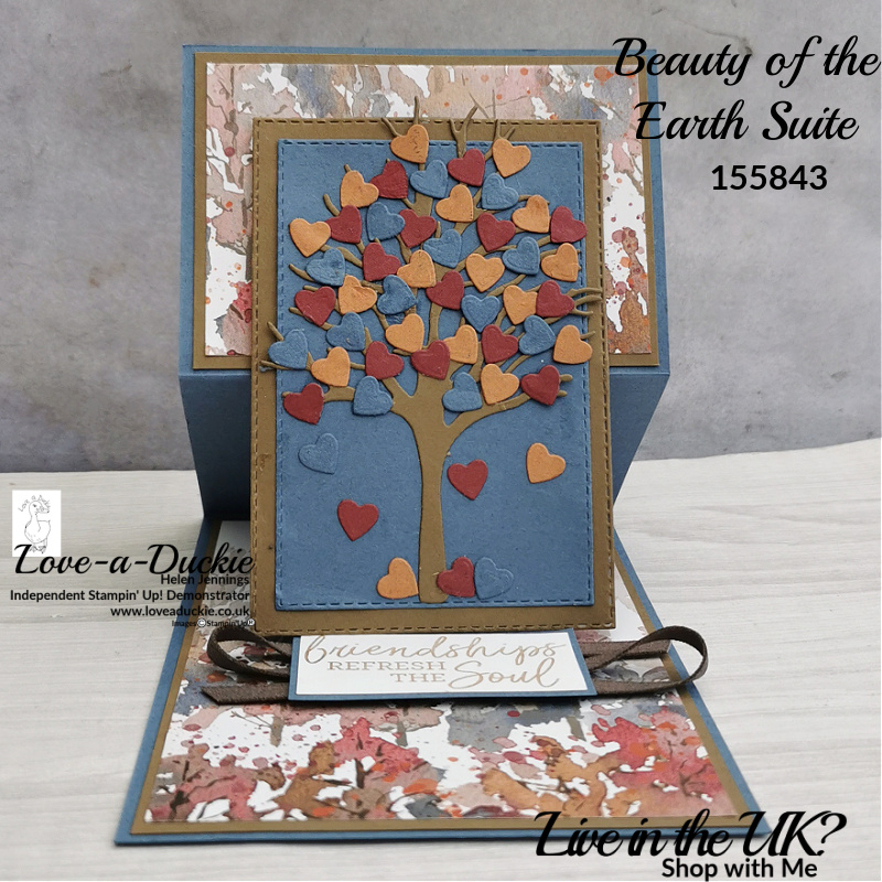 This reverse Easel card is created in rich autumnal colours using die cut hearts and stamps, dies and paper from Stampin' Up's Beauty of the Earth suite.