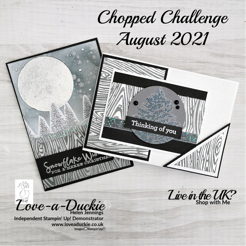 Two designs for the August Chopped Card making Challenge. The challenge kit contains paper and ribbon from the peaceful place Suite from Stampin' Up