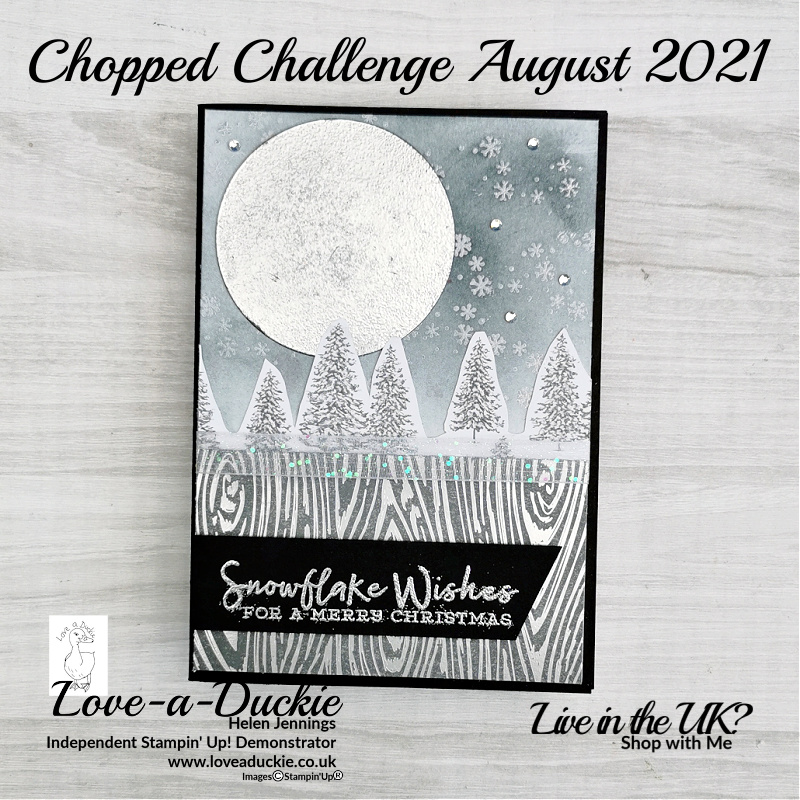 A Christmas card created with the Chopped card making challenge kit and using Snowflake Wishes..  The challenge kit contains paper and ribbon from the peaceful place Suite from Stampin' Up