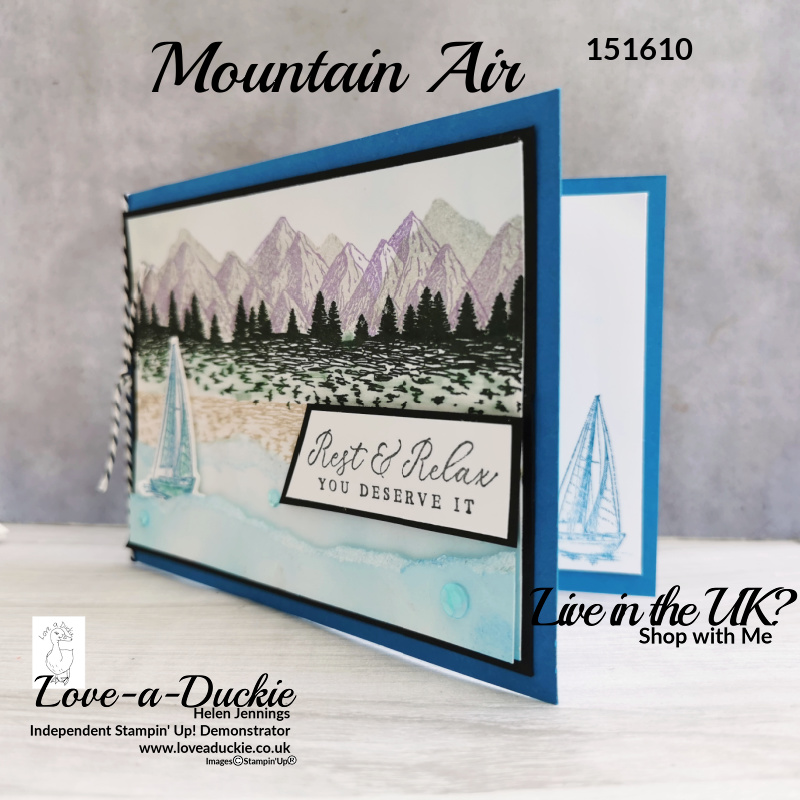 There is a yacht on the inside of this masculine sea view card as well as the outside. The Moiuntain Air and Sailing Home stamp sets are from Stampin' Up