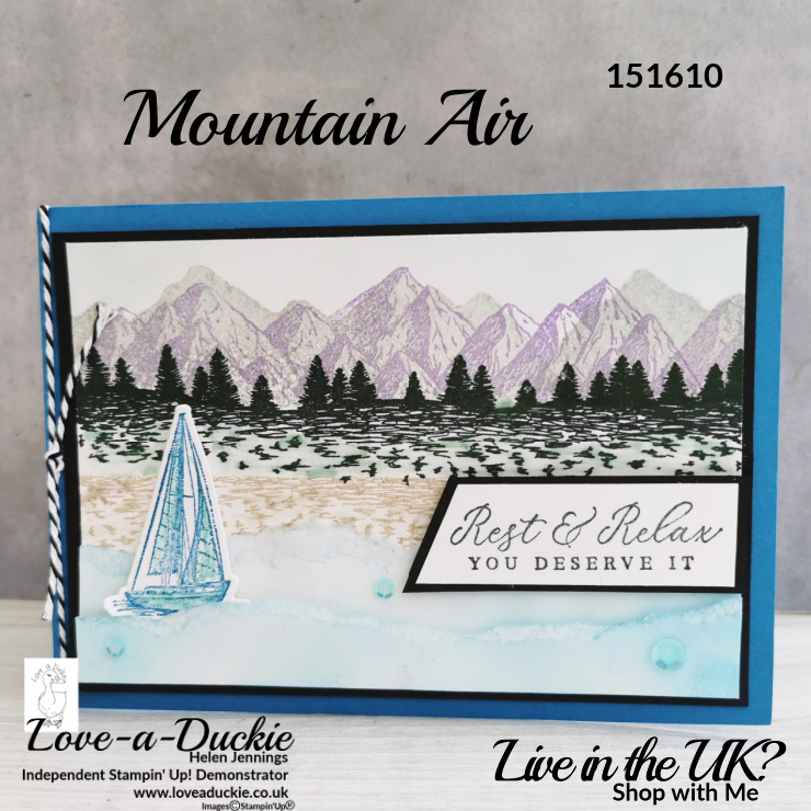 Mountains, trees, sand and sea are all featured on this masculine sea view card created with Stampin' Up products.