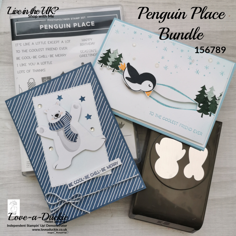 A quick and easy card and a penny slider card featuring a penguin and a polar bear using Stampin' Up's penguin place and coordinating penguin playmates paper