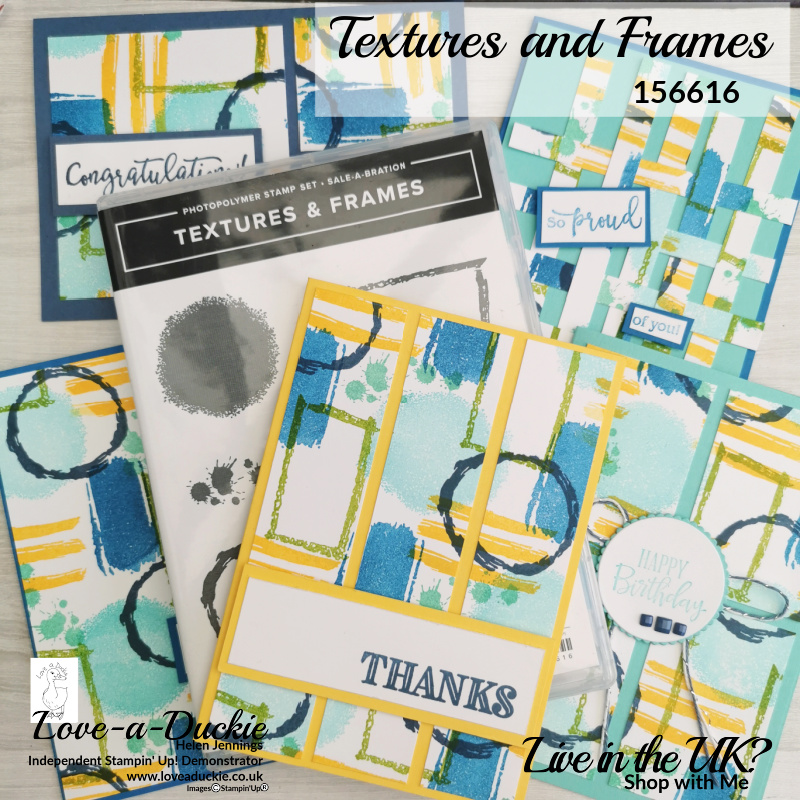 Five different cards created using the textures and frames stamp set from Stampin' Up to create a one sheet wonder.