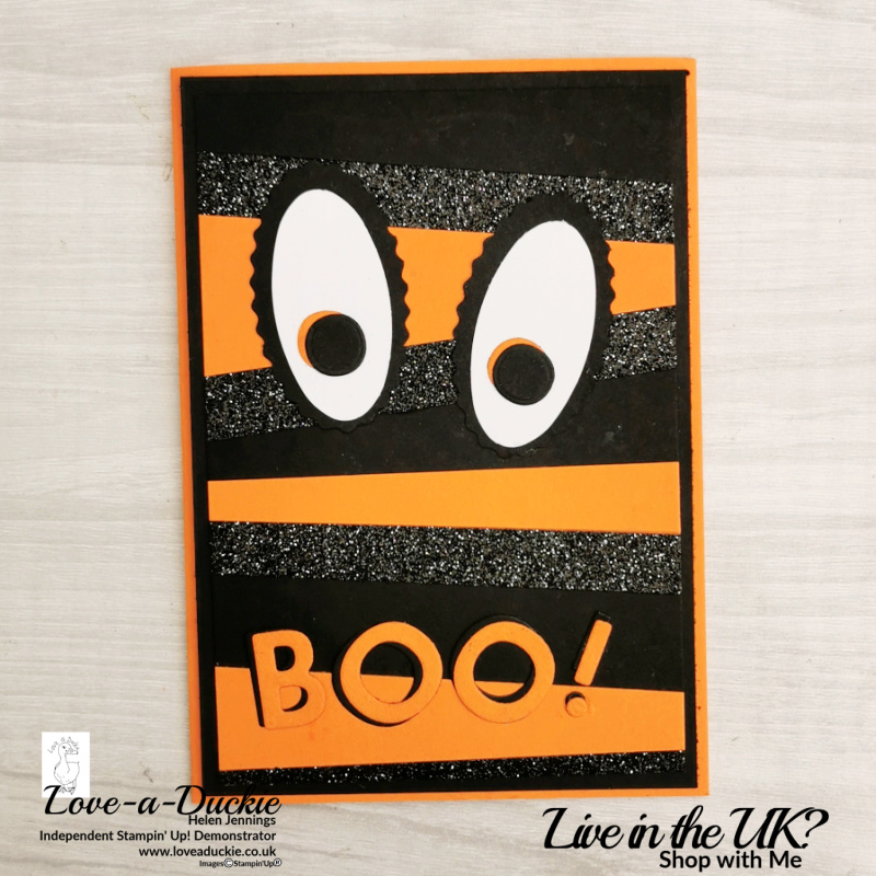 A Fun Halloween monster created with strips of black, Pumpkin Pie and Black Glitter card from Stampin' Up