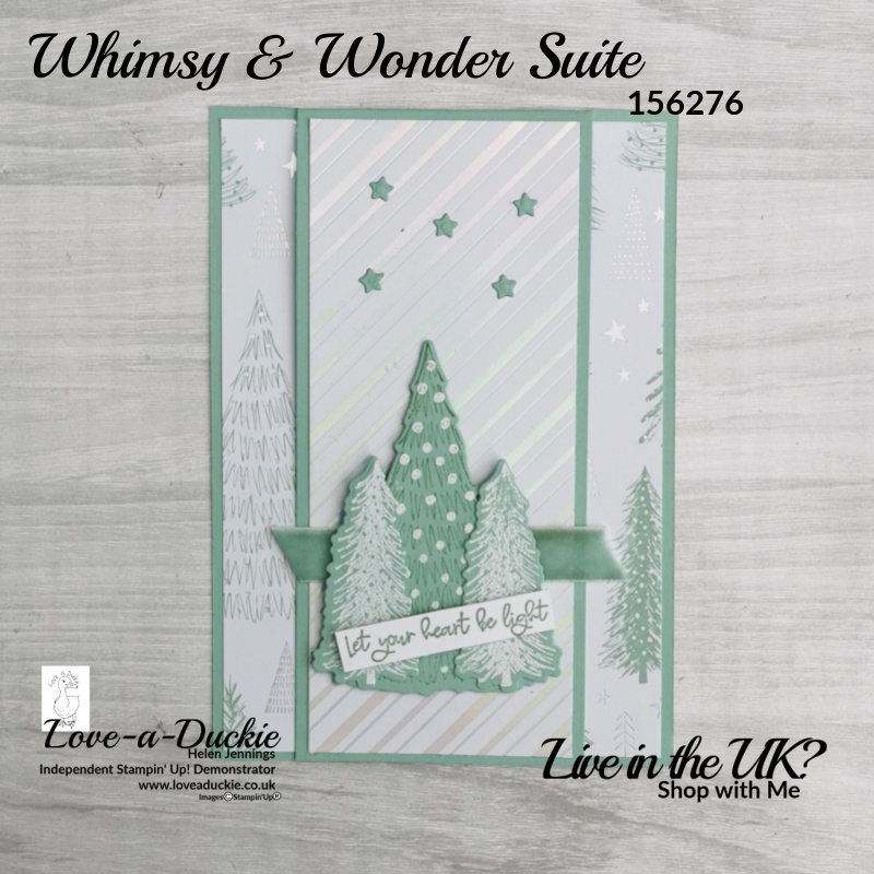 Heat embossed trees on this Christmas card using the Whimsy & Wonder suite from Stampin' Up
