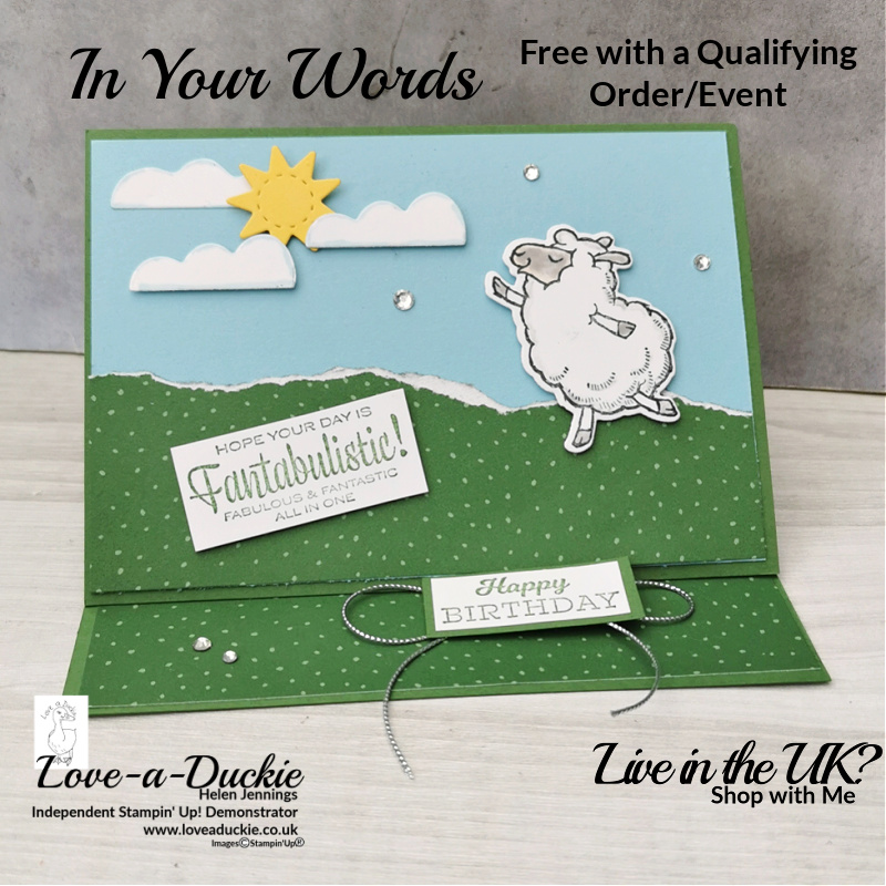 This easel card features the In your Words Stamps set, Peaceful prints papers and the sheep stamp and dies, all available with Stampin' Up during Sale-a-bration