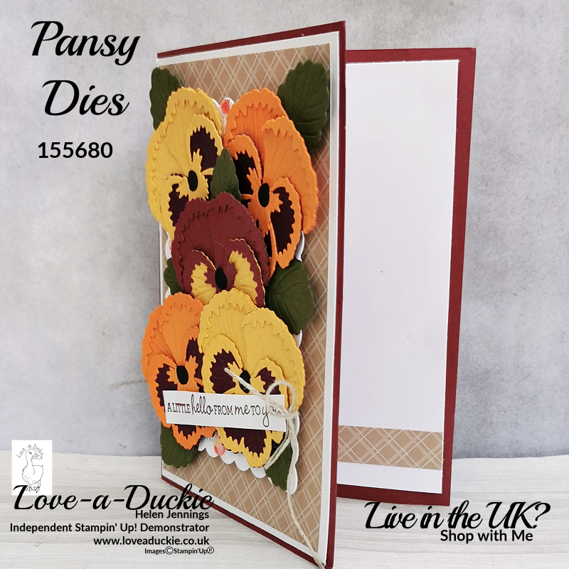 Designer Series paper features inside and out on this winter flowering pansy card using Stampin' Up's pansy patch bundle