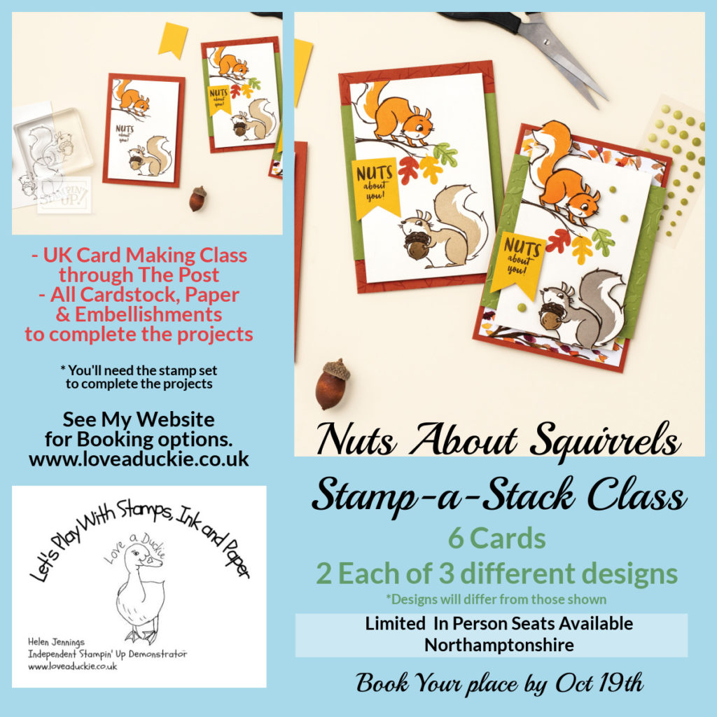 Love-a-Duckie's stamp-a-stack class using Stampin' Up's Nuts about Squirrels stamp set