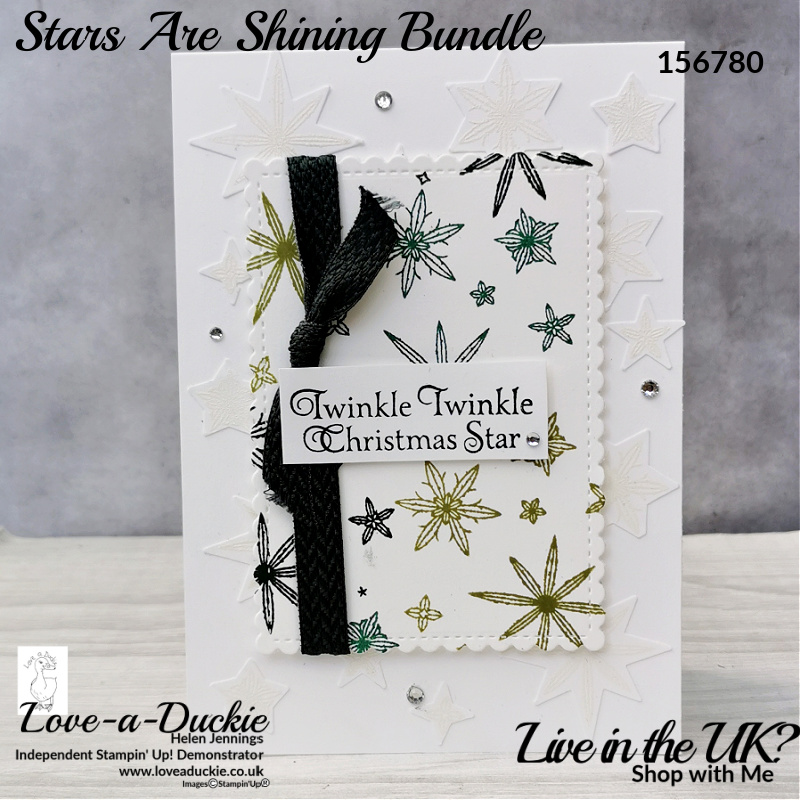 Three shades of grren features in a christmas card with stars using Stampin' Ups Stars are Shining Bundle.