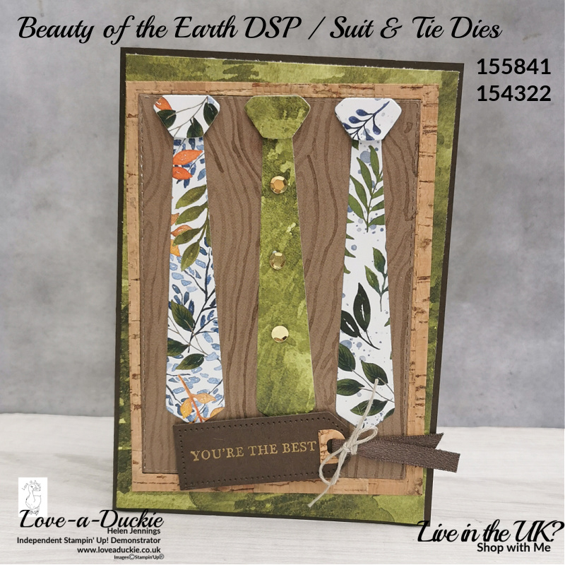 A card for the men featuring ties die cut from beauty of the Earth paper using the suit and tie dies, all from Stampin' Up