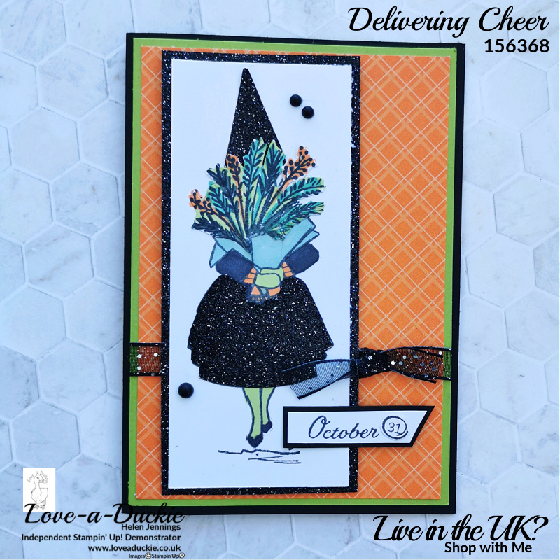 A friendly witch halloween card using the Delivering Cheer stamp set from Stampin' Up