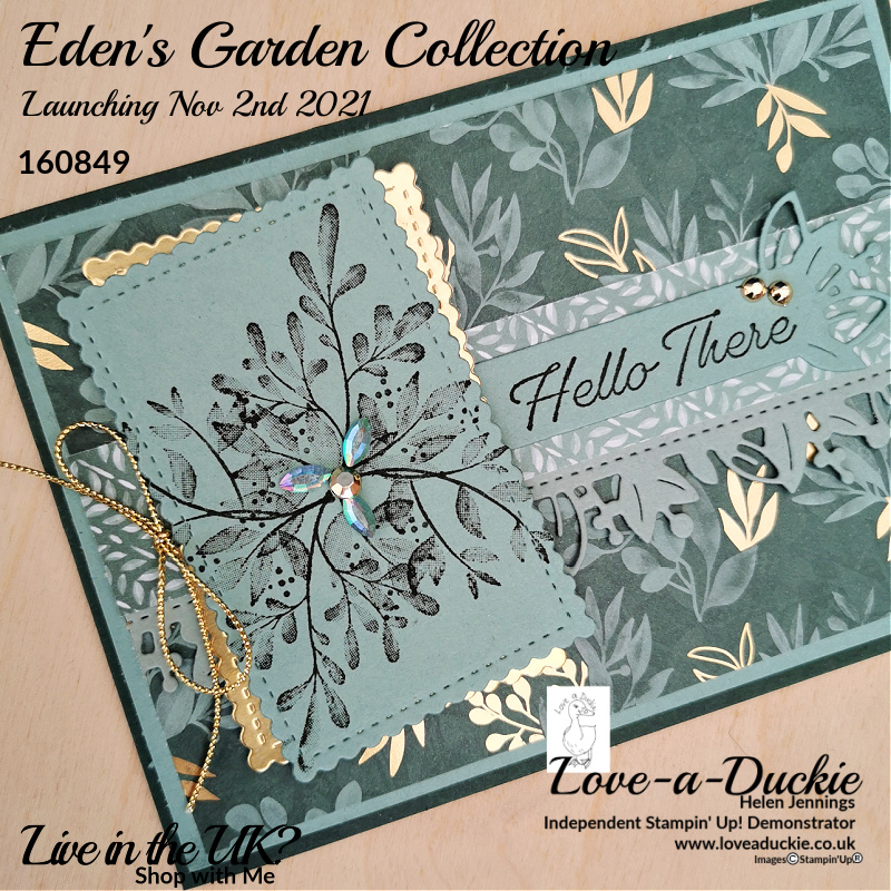 There is gold foiling a coordinating gold embellishments on this card challenge project which uses Stampin' Up's Eden Garden Collection