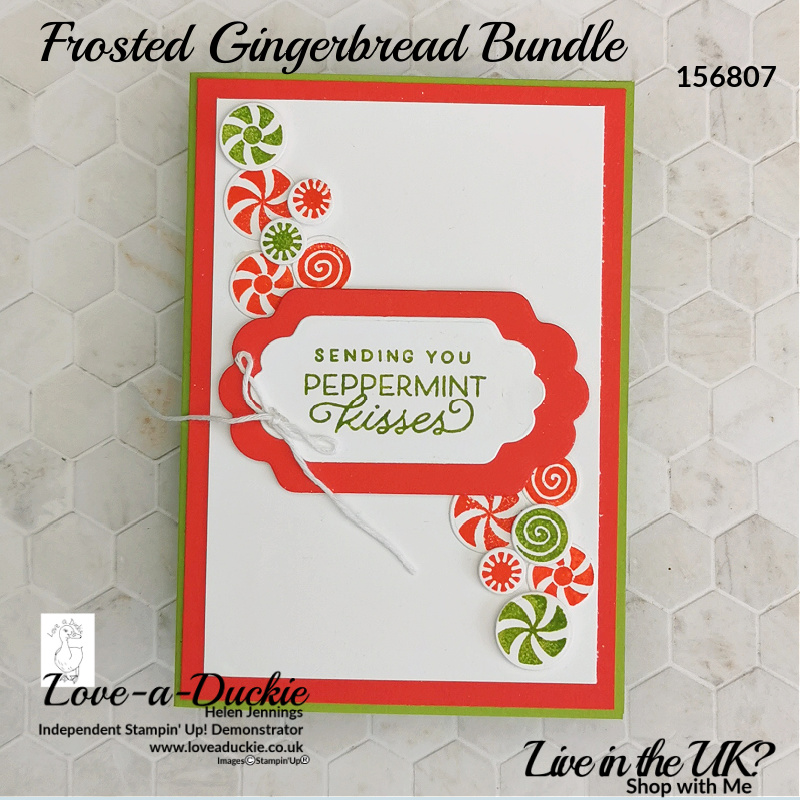 Stamped and die cut sweets from the Frosted Gingerbread bundle from Stampin' up tumble down this Christmas card.