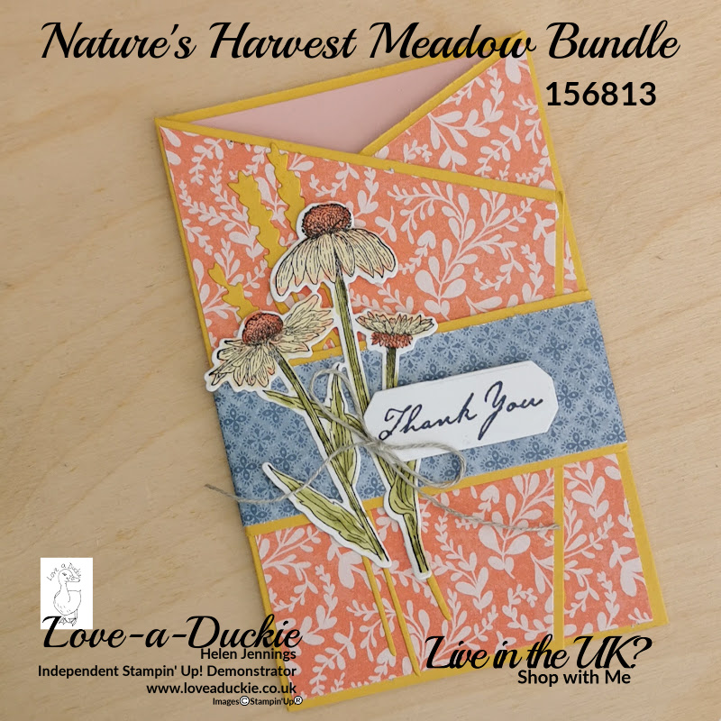 This tri fold angled card was created using the Harvest Meadow suite of products from Stampin' Up