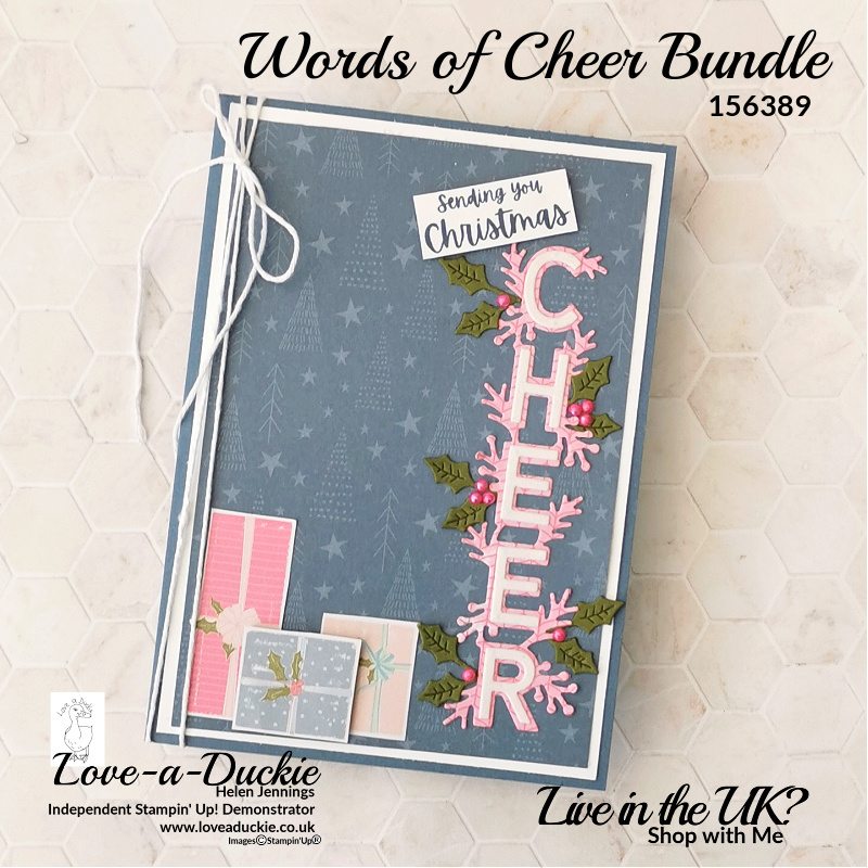 This Christmas card uses sentiment dies from the Words of Cheer bundle and papers from Whimsy & Wonder. All stampin' Up!