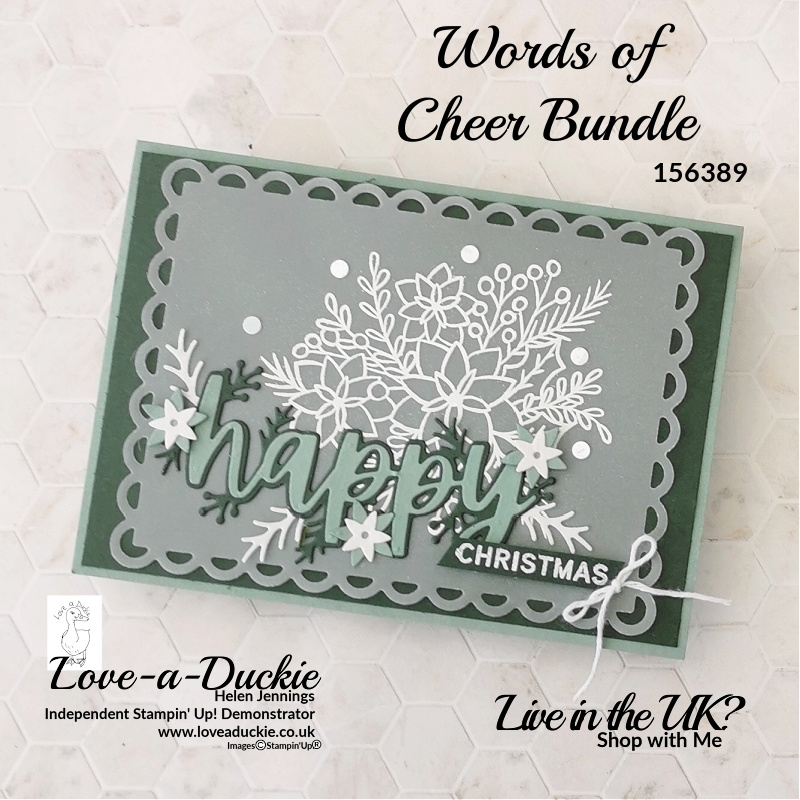 A Christmas card using sentiment dies from Stampin' Up's Words of Cheer bundle and some heat embossed vellum.