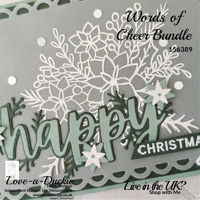 The layered sentiment dies on this Christmas Card are stuck together using adhesive sheets and the flowers are cut from velvet paper. All products from stampin' up!