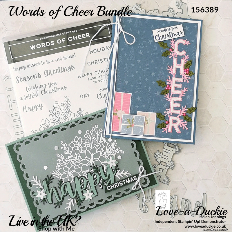 Two Christmas cards using the Words of Cheer bundle from Stampin' up whiich features layering sentiment dies.