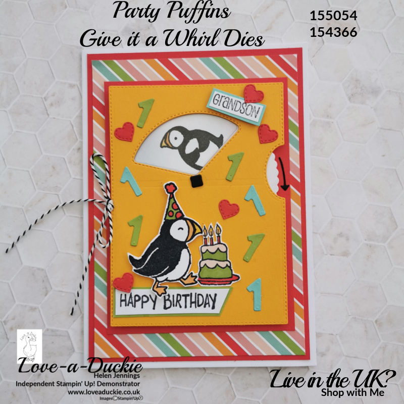 A spin the wheel card with Stampin' up's give it a Whirl Die and the Party Puffin stamp set.