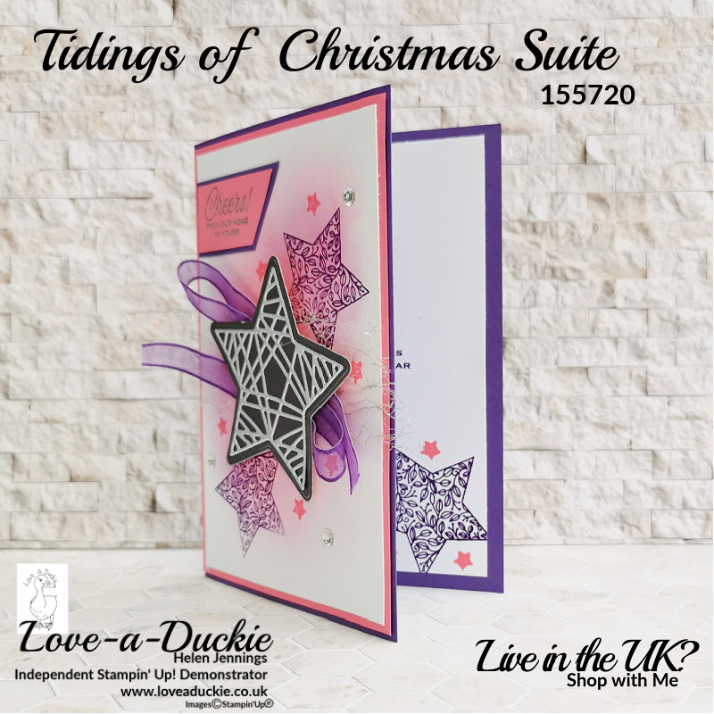 Purple and pink stars have been stamped on this insert of a Contemporary Christmas Card using products from Stampin' Up!