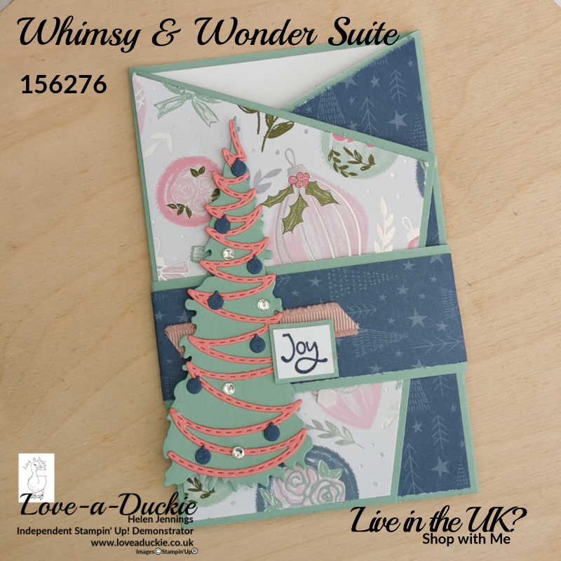 Patterned papers, stamps and dies from The Whimsy & Wonder Suite were used o create this tri fold angled card.