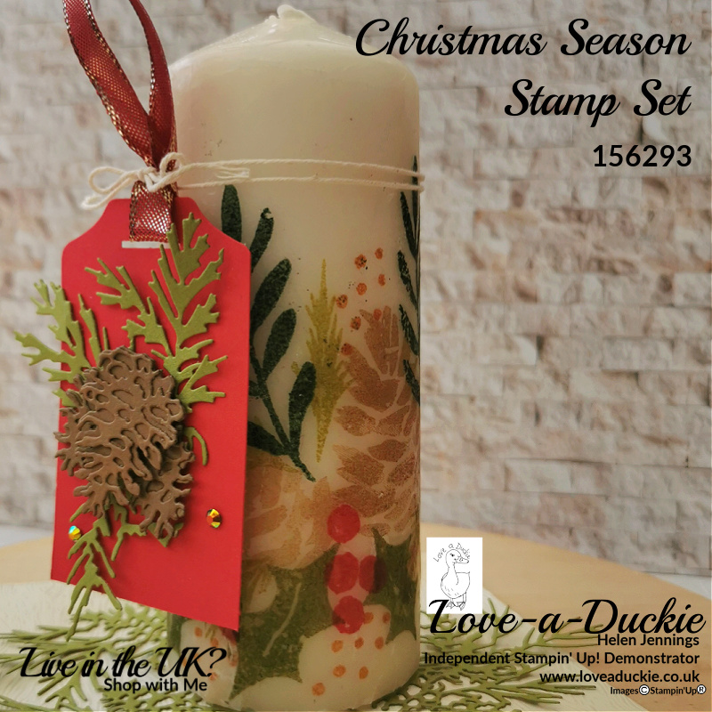 Thuis stamped candle featuring imagery from Stampin' Up's Christmas season makes a great Christmas gift.