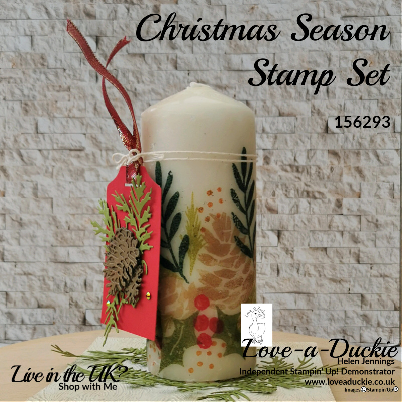 A candle stamped with images from Stampin' Up's Christmas Season