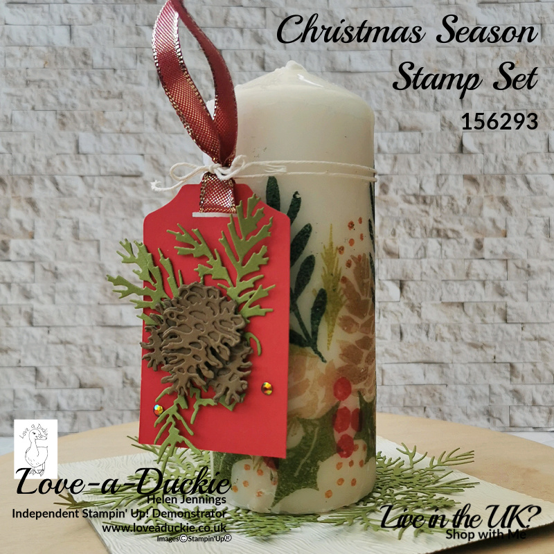 Showing how to add stamped images to a wax candle for a Christmas gift