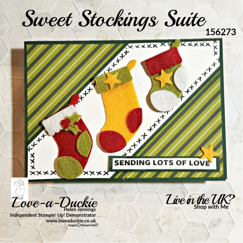 Real felt stockings feature in this fun Christmas card using products from Stampin' Up's Sweet Stocking Suite.