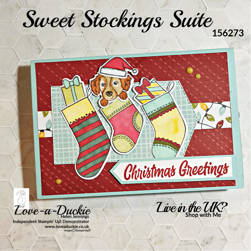 Fun Christmas card with a puppy in a stocking using stamps, dies and papers from Stampin' Up's Sweet Stocking Suite.