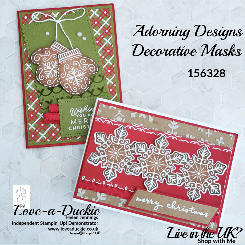 The Adorning Designs Decorative masks and other products from Stampin' Up's Gingerbread & Peppermint suite have been used on these Christmas cards,