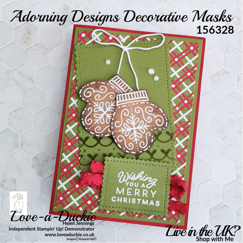 This Christmas card features an inked border created with Stampin' Up's Adorning Designs Masks.