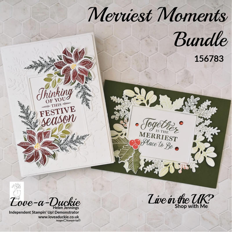 Stamping and colouring with soft pastels all feature in these die cut and embossed Christmas cards using Stampin' Up's Merriest Moments Bundle.