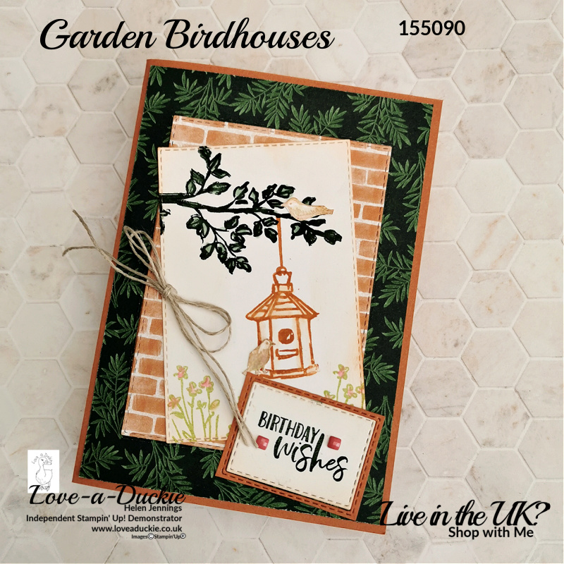 This birthday card uses the Garden Birdhouses stamp set and Bloom Where You're planted patterned paper, both from Stampin' Up.