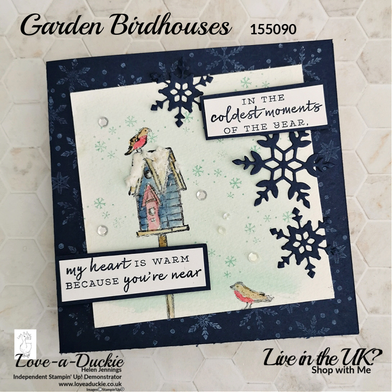 This Christmas card uses the Garden Birdhouses stamp set, Snowflake Wishes and matching dies from Stampin' Up!