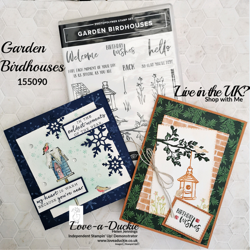 A Christmas card and a birthday card featuring the Garden Birdhouses stamp set from Stampin' Up!