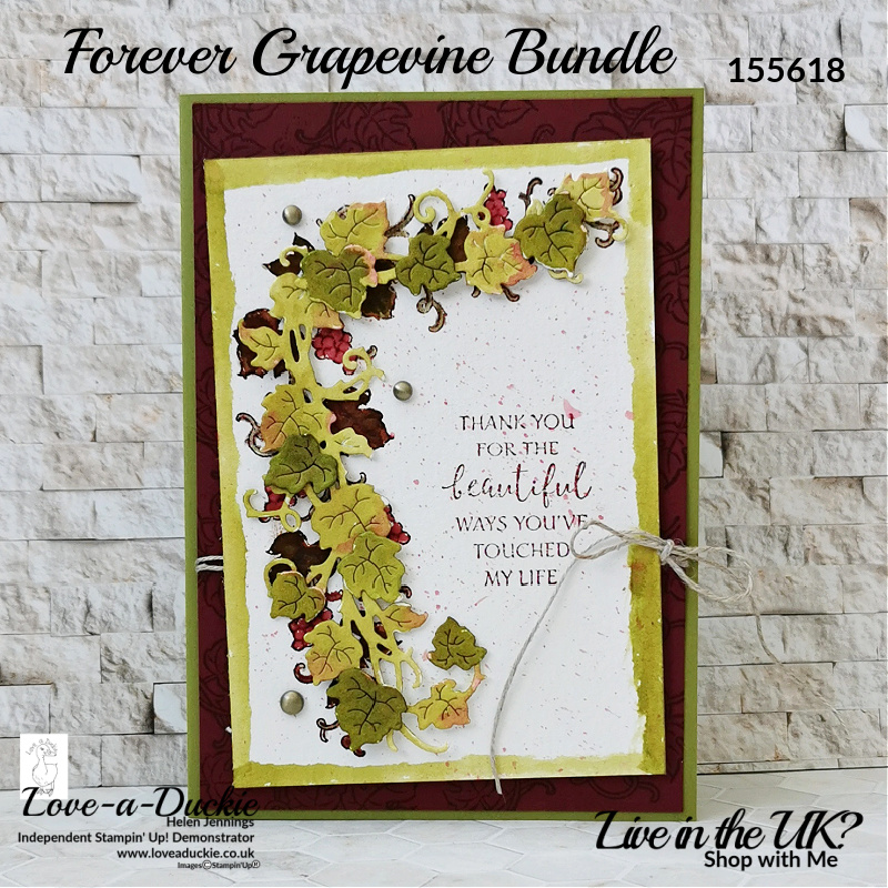 The card shows watercolouring on die cuts from the forever grapevine bundle from Stampin' Up!