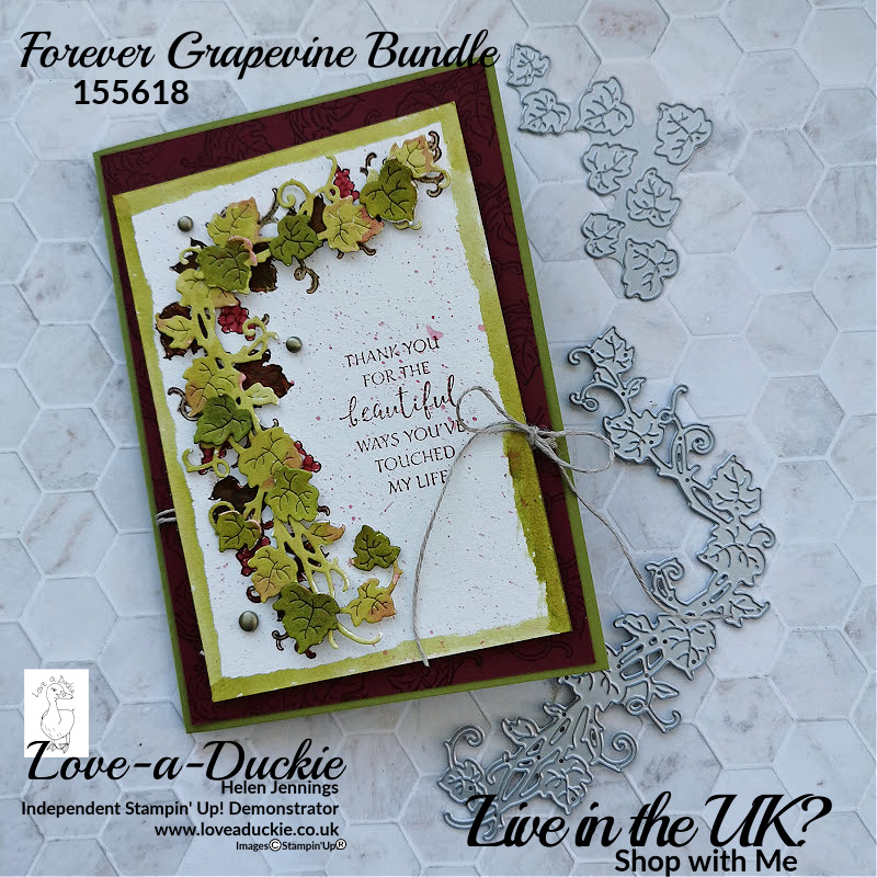 This card features grapevine stamps and die cuts which have been watercoloured with ink, all from Stampin' Up!