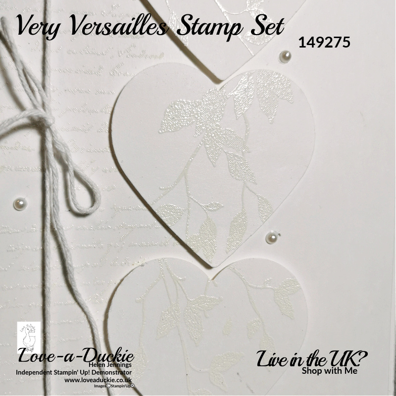 The Very Versaille stamp set from Stampin' Up has been used to add heat embossed detail to this white on white card.