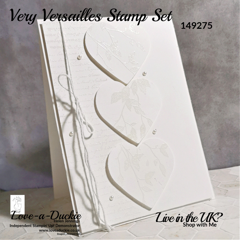 A white on white card featuring heat embossing and using Stampin' Up's Very Versaille stamp set.