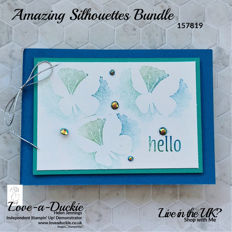 Three butterflies feature on this card using the baby wipe technique and Stampin' Up's Amazing Silhouette's bundle
