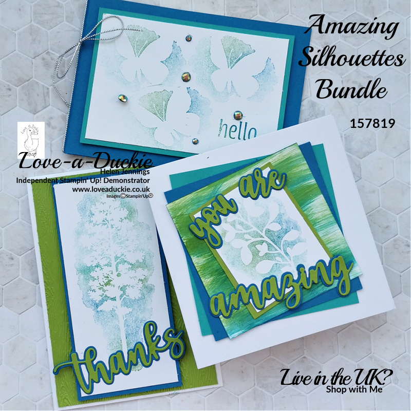 Pacific Point, Granny Apple Green and Bermuda Bay inks have been used on these cards showcasing the baby wipe technique and the new Amazing silhouettes bundle from Stampin' Up!